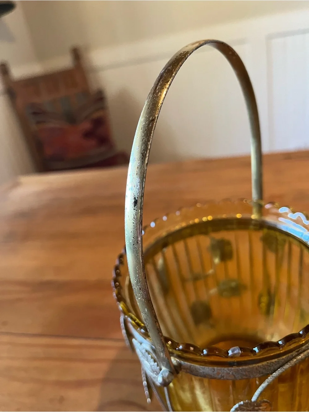 Vintage Amber Glass Ice Bucket with Caged Leaf and Handle